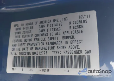 2011 Honda Accord 2.4 Ex from USA, damaged, VIN 1HGCS1B71BA012776